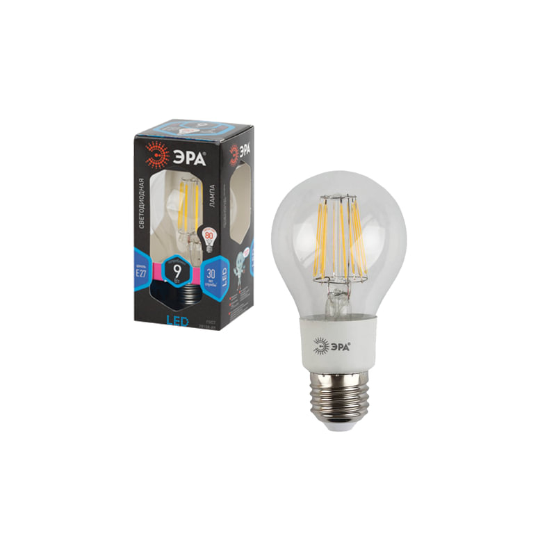 Лампа светодиодная ЭРА 9 (80) Вт, цоколь E27, грушевидная, холодный белый свет, 30000 ч., F-LED А60-9w-840-E27
